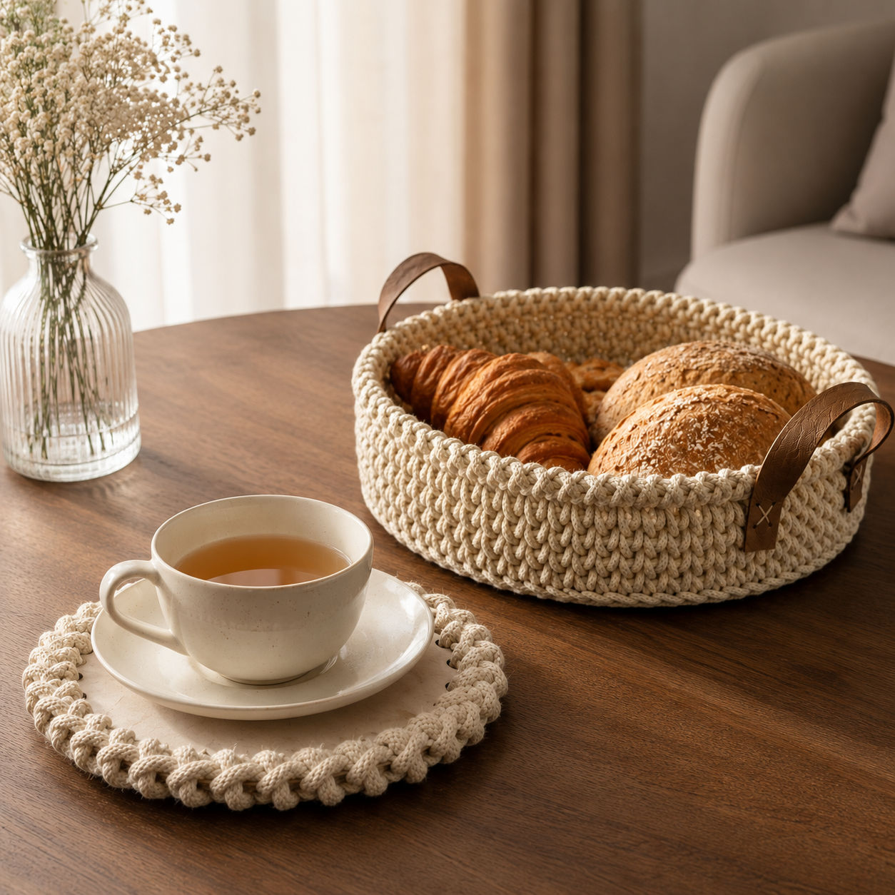Cotton Handknitted Oval Tray with PU Handle
